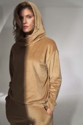 Welurowa Bluza z Kapturem - Beżowa. Brązowe bluzy z kapturem damskie Figl, l, z lycry. Za 229.00 zł.
