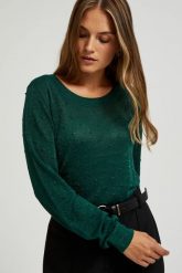 Sweter z długimi rękawami ozdobiony metaliczną nitką zielony. Zielone swetry klasyczne damskie MOODO, l, z wiskozy, bez kołnierzyka. W wyprzedaży za 47.99 zł.