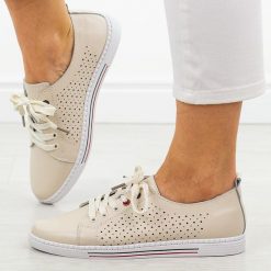 Beżowe ażurowe skórzane półbuty, tenisówki damskie S.Barski 587. Brązowe półbuty damskie S.BARSKI, w ażurowe wzory, ze skóry. Za 219.00 zł.