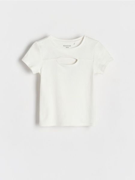 Prążkowany t-shirt z wycięciem - złamana biel. Koszulki dziewczęce Reserved, bez wzorów, z bawełny, bez ramiączek. W wyprzedaży za 7.99 zł.