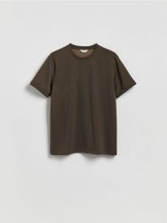 T-shirt regular z dodatkiem lyocellu - ciemnobrązowy. Brązowe t-shirty męskie Reserved, l, bez wzorów, z dzianiny, bez kołnierzyka. Za 79.99 zł.