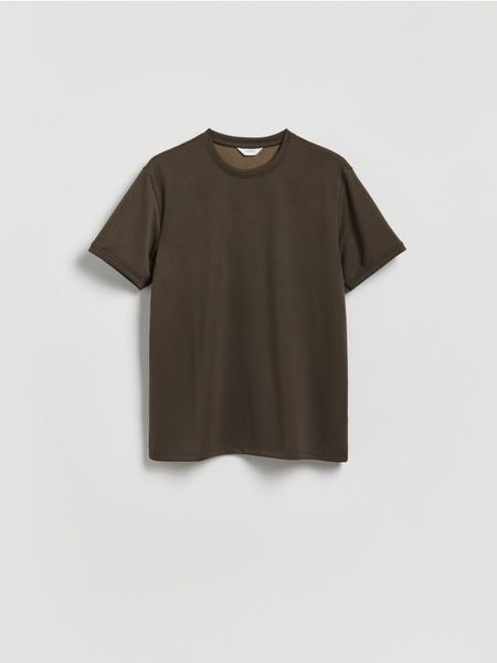 T-shirt regular z dodatkiem lyocellu - ciemnobrązowy. Brązowe t-shirty męskie Reserved, l, bez wzorów, z dzianiny, bez kołnierzyka. Za 79.99 zł.