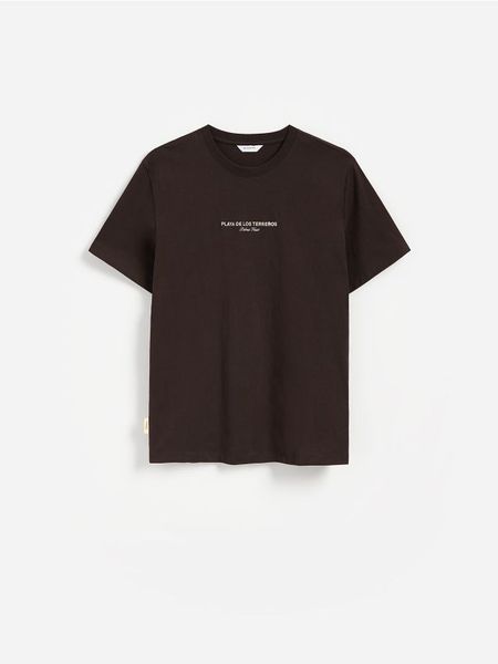 T-shirt regular z nadrukiem na plecach - ciemnobrązowy. Brązowe t-shirty męskie Reserved, l, bez wzorów, z bawełny, bez kołnierzyka. Za 59.99 zł.