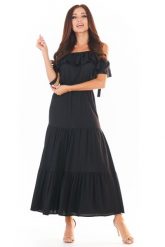 Czarna Długa Sukienka w Hiszpańskim Stylu. Czarne sukienki damskie Awama, l, bez wzorów, z elastanu, wizytowe, bez kołnierzyka, bez ramiączek, maxi. Za 319.90 zł.
