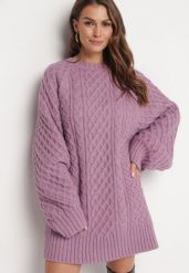 Fioletowy Sweter o Wydłużonym Fasonie z Modnym Splotem Ahexa. Fioletowe swetry klasyczne damskie Born2be, ze splotem, bez kołnierzyka. Za 189.99 zł.