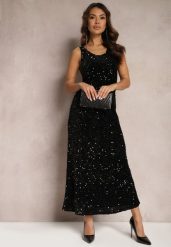 Czarna Sukienka Maxi na Ramiączkach w Cekiny Misona. Czarne sukienki damskie Renee, l, bez wzorów, bez kołnierzyka, bez ramiączek, maxi. W wyprzedaży za 132.99 zł.