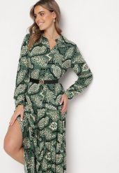 Ciemnozielona Sukienka Koszulowa w Kwiaty Zari. Zielone sukienki damskie Born2be, na co dzień, na lato, l, bez wzorów, z materiału, eleganckie, bez kołnierzyka, bez ramiączek, maxi, koszulowe. W wyprzedaży za 119.99 zł.