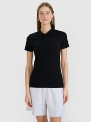 4F Koszulka polo slim damska - czarna S. Czarne bluzki damskie 4f, s, bez wzorów, z bawełny, klasyczne, bez kołnierzyka, bez ramiączek. Za 79.99 zł.