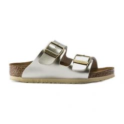 Klapki Birkenstock Arizona Bs 1014840 złoty. Żółte klapki damskie bez wzorów, ze skóry, bez obcasa, na platformie. Za 428.32 zł.
