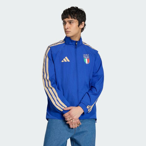 Podstawowa bluza reprezentacyjna Włochy. Niebieskie bluzy bez kaptura męskie Adidas, bez wzorów, z dresówki, eleganckie, bez kołnierzyka, bez ramiączek. Za 529.00 zł.
