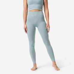 Legginsy do jogi i pilatesu damskie. Niebieskie legginsy sportowe damskie Decathlon, l, bez wzorów, z elastanu, z podwyższonym stanem, na fitness i siłownię. Za 129.99 zł.