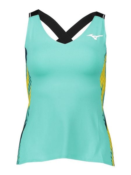Mizuno Top sportowy w kolorze turkusowym rozmiar: M. Niebieskie topy damskie Mizuno, m, bez wzorów, z materiału, bez ramiączek. Za 65.38 zł.