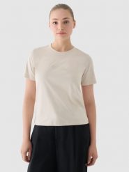 4F T-shirt regular z nadrukiem damski - beżowy XS. Brązowe t-shirty damskie 4f, xs, bez wzorów, z bawełny, bez kołnierzyka. W wyprzedaży za 29.99 zł.