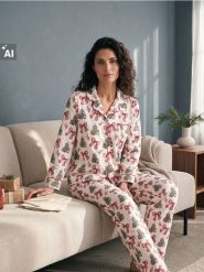 Dwuczęściowa piżama świąteczna w choinki i kokardy - wielobarwny. Piżamy damskie Sinsay, l, bez wzorów, bez ramiączek. Za 69.99 zł.