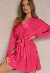 Fuksjowa Sukienka z Paskiem Halitha. Czerwone sukienki damskie Renee, l, bez wzorów, z materiału, klasyczne, bez kołnierzyka, bez ramiączek, mini, rozkloszowane. Za 139.99 zł.