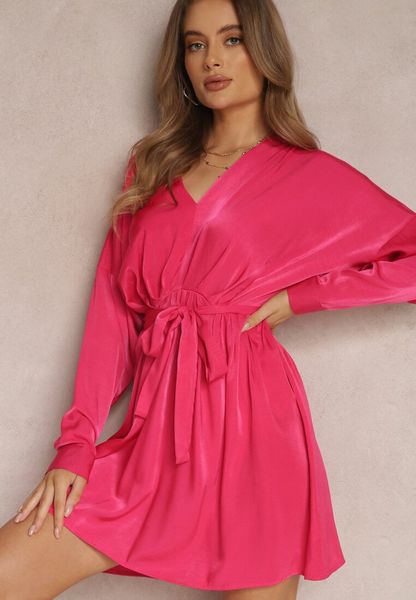 Fuksjowa Sukienka z Paskiem Halitha. Czerwone sukienki damskie Renee, l, bez wzorów, z materiału, klasyczne, bez kołnierzyka, bez ramiączek, mini, rozkloszowane. Za 139.99 zł.