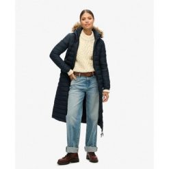 Płaszcz Super Longline Fuji. Niebieskie płaszcze damskie Superdry., bez wzorów, eleganckie. W wyprzedaży za 641.25 zł.