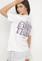 Biało-Fioletowy Bawełniany T-shirt z Napisami Hallena. Białe t-shirty damskie Born2be, l, bez wzorów, z bawełny, bez kołnierzyka. Za 49.99 zł.