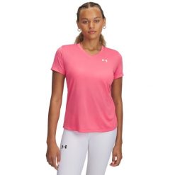 Koszulka treningowa damska z dekoltem w serek Under Armour Tech™. Białe bluzki sportowe damskie Under Armour, m, z materiału, bez kołnierzyka, bez ramiączek. Za 239.99 zł.