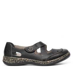 Półbuty Rieker. Czarne półbuty damskie Rieker, bez wzorów, bez obcasa, na płaskiej podeszwie. Za 329.99 zł.