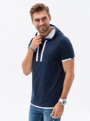 T-shirt męski z kapturem - granatowy V4. Niebieskie t-shirty męskie Ombre Clothing, m, bez wzorów, z bawełny, bez kołnierzyka. W wyprzedaży za 29.99 zł.