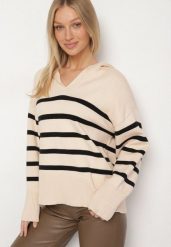 Czarno-Beżowy Sweter Ozdobiony Paskami i Kołnierzykiem Arsena. Czarne swetry klasyczne damskie Born2be, s, z jeansu, bez kołnierzyka. Za 99.99 zł.