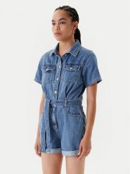 Morgan Kombinezon 251-SHELOR Niebieski Slim Fit. Niebieskie kombinezony damskie Morgan, bez wzorów, z bawełny, bez kołnierzyka, bez ramiączek. Za 299.99 zł.