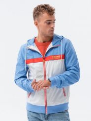 Kurtka męska wiatrówka z kapturem - niebieska V2 - Rozmiar: XL. Niebieskie kurtki męskie Ombre Clothing, m, bez wzorów, z kapturem. W wyprzedaży za 49.99 zł.