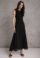 Czarna Ażurowa Sukienka z Transparentnym Dołem i Usztywnionymi Ramionami Semiris. Czarne sukienki damskie Renee, m, w ażurowe wzory, klasyczne, bez kołnierzyka, bez ramiączek, maxi, dopasowane. Za 119.99 zł.