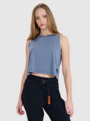 4F Top z nadrukiem damski - granatowy XS. Niebieskie topy damskie 4f, xs, bez wzorów, z bawełny, bez kołnierzyka. W wyprzedaży za 29.99 zł.