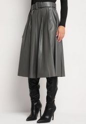 Szara Rozkloszowana Spódnica Preppy Plisowana z Wysokim Stanem z Ekoskóry z Paskiem Irivale. Szare spódniczki damskie Born2be, s, bez wzorów, eleganckie, z podwyższonym stanem, midi, dopasowane. Za 79.99 zł.