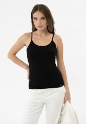 Koszulka na ramiączkach T-ESHE. Czarne topy sportowe damskie Volcano, l, bez wzorów, z bawełny, bez ramiączek. Za 49.99 zł.