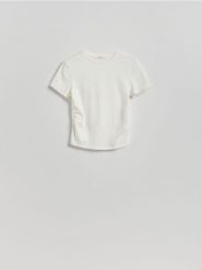 T-shirt z marszczeniem - biały. Białe t-shirty damskie Reserved, l, bez wzorów, z bawełny, bez kołnierzyka. Za 45.99 zł.