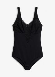 Body bez fiszbinów z koronką, średni stopień modelowania sylwetki. Czarne body damskie bonprix, bez wzorów, z koronki. Za 124.99 zł.
