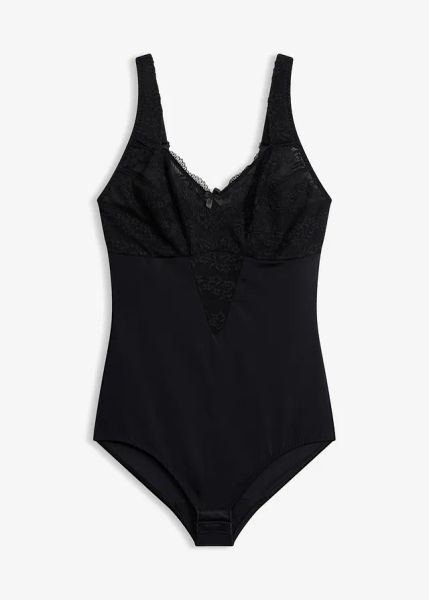 Body bez fiszbinów z koronką, średni stopień modelowania sylwetki. Czarne body damskie bonprix, bez wzorów, z koronki. Za 124.99 zł.