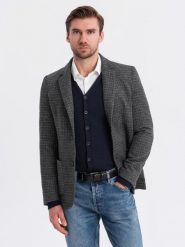 Męska marynarka w kratę z dodatkiem wełny - grafitowa V2 - Rozmiar: M. Szare marynarki męskie Ombre Clothing, bez wzorów, z materiału. W wyprzedaży za 169.99 zł.