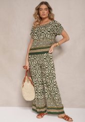 Ciemnozielony Komplet Spodnie i Bluzka z Bawełny w Ornamentalny Print Nanitria. Zielone spodnie materiałowe damskie Renee, bez wzorów, z bawełny. Za 44.99 zł.