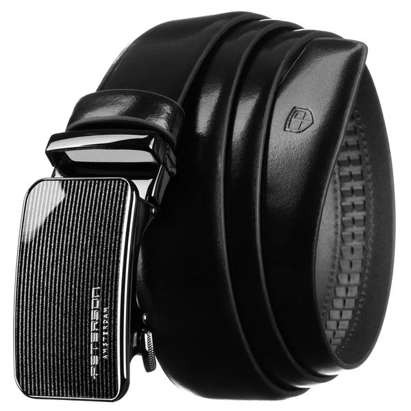 Skórzany pasek męski w czarnym kolorze z automatyczną, srebrną klamrą - Peterson. Czarne paski męskie Peterson, bez wzorów, ze skóry. Za 129.00 zł.