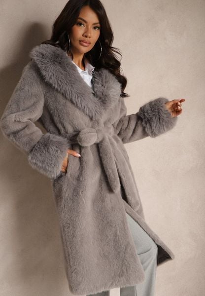 Szary Futrzany Płaszcz z Wiązanym Paskiem Ozdobnym Kołnierzem i Mankietami Viaressa. Szare płaszcze damskie Renee, l, bez wzorów, z futra, eleganckie. Za 339.99 zł.