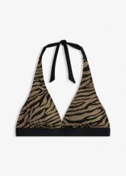 Biustonosz bikini z dekoltem typu halter, z błyszczącego materiału. Czarne bikini damskie bonprix, bez wzorów. Za 87.99 zł.