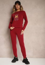 Bordowy Ocieplany Komplet Dresowy z Bawełny Zdobiony Cyrkoniami Bluza i Spodnie z Gumką Nelionis. Czerwone bluzy bez kaptura damskie Renee, m, z bawełny. Za 84.99 zł.