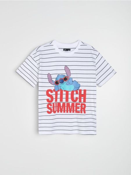 Bawełniana koszulka z nadrukiem Stitch - wielobarwny. T-shirty damskie Sinsay, l, bez wzorów, z bawełny, bez kołnierzyka. Za 25.99 zł.