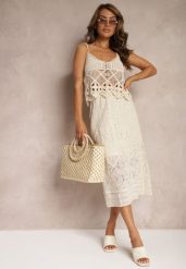 Beżowa Ażurowa Spódnica z Gumką w Talii o Trapezowym Kroju Tiamaz. Brązowe spódniczki damskie Renee, w ażurowe wzory, z bawełny, eleganckie, midi, proste. Za 99.99 zł.