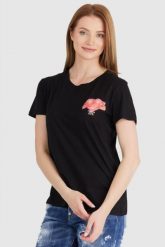 GUESS Czarny t-shirt damski z kolorowym printem. Czarne t-shirty damskie Guess, s, z aplikacjami, z bawełny, bez kołnierzyka. W wyprzedaży za 119.99 zł.