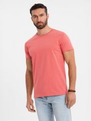 T-shirt męski klasyczny bawełniany BASIC - koralowy V17 OM-TSBS-0236 - XXL. Pomarańczowe t-shirty męskie Ombre Clothing, l, bez wzorów, z bawełny, bez kołnierzyka. W wyprzedaży za 39.99 zł.