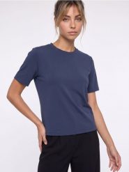 Jednolita koszulka z krótkim rękawem - granatowy. Niebieskie bluzki sportowe damskie Sinsay, l, bez wzorów, bez ramiączek. Za 25.99 zł.