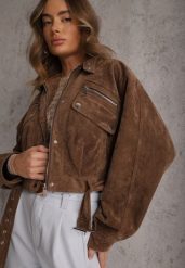Brązowa Kurtka Utility Cropped z Imitacji Zamszu z Suwakami i Paskiem w Talii Gleania. Brązowe kurtki damskie Renee, l, bez wzorów, z koronki, bez kaptura. Za 229.99 zł.