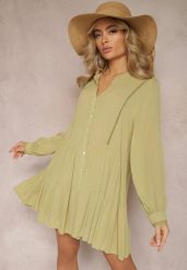 Zielona Rozkloszowana Sukienka Koszulowa Mini w Stylu Boho Binessa. Zielone sukienki damskie Renee, l, bez wzorów, boho, bez kołnierzyka, bez ramiączek, mini, koszulowe. W wyprzedaży za 83.99 zł.
