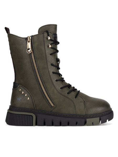 Mustang Trzewiki 1502-502 Khaki. Brązowe botki damskie Mustang, z materiału, bez obcasa, na płaskiej podeszwie, bez zapięcia. Za 399.99 zł.