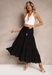 Czarna Wiskozowa Spódnica High Waist o Rozkloszowanym Kroju z Wiązaniem i Gumką w Talii Leceviana. Czarne spódniczki damskie Renee, na lato, m, z aplikacjami, z wiskozy, eleganckie, z podwyższonym stanem, maxi, dopasowane. Za 59.99 zł.